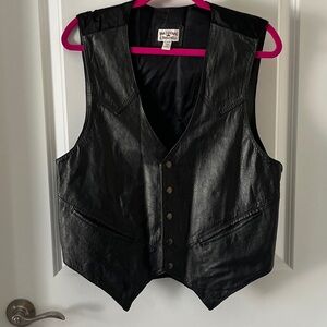 Western Frontier Leather Vest - Black Vintage Snap Button Front Slit Pocket SZ L